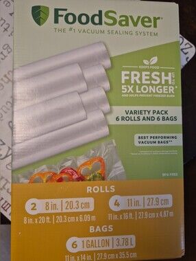 FoodSaver Vacuum Seal Variety Pack, 2 x 8 in & 4 x 11 in Rolls, 6 Gallon Bags